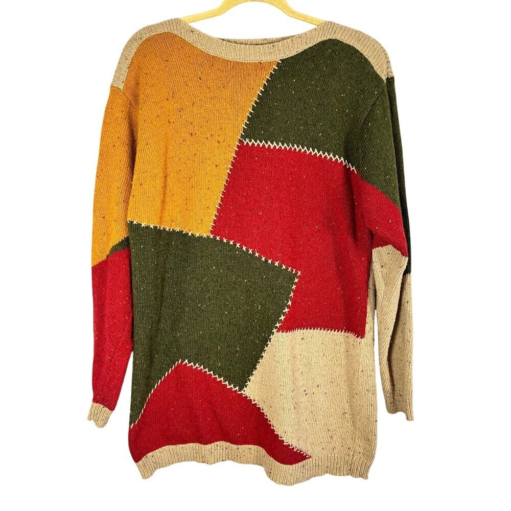 Retro Patchwork Knit Sweater M Red Colorful Festive Holiday Chic Western 80s